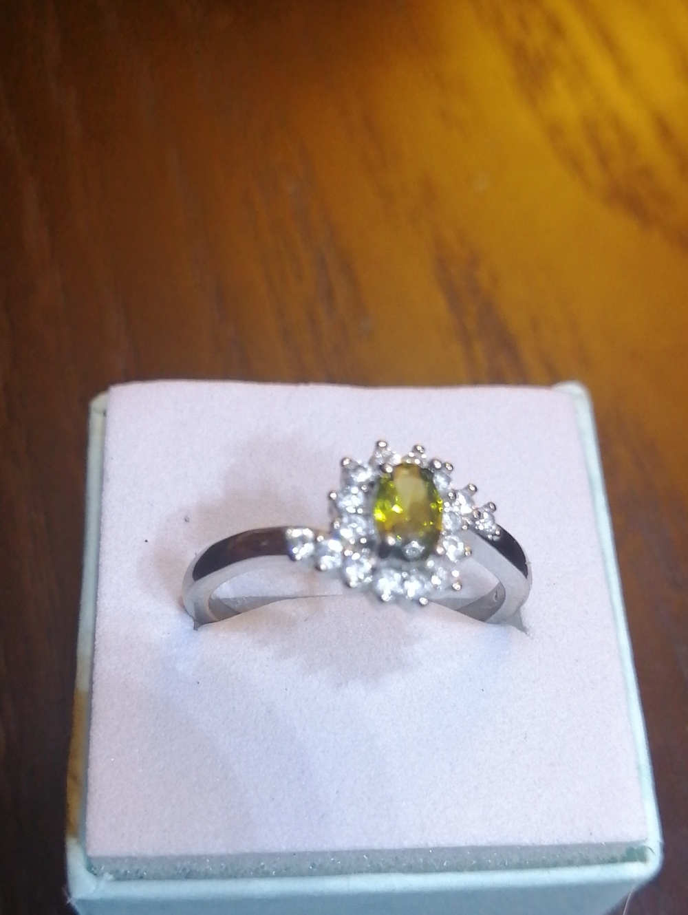 Delicate Silver Ring with Olive Green  Oval Crystal and Clear Halo Size 9